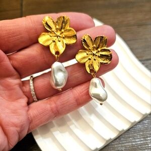 NEW Stainless Steel Gold Floral Pearl Drop Earrings